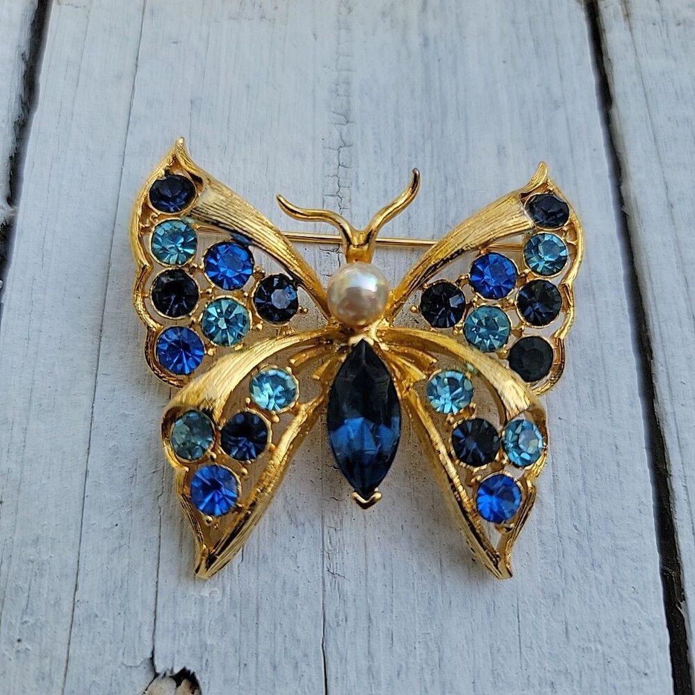 Vintage Lia Blue Rhinestone Butterfly Brooch
